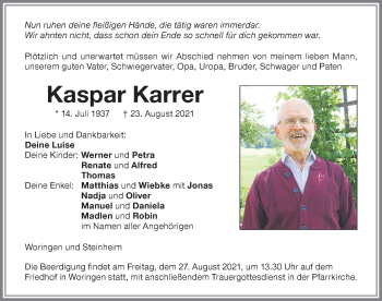 Traueranzeige von Kaspar Karrer von Memminger Zeitung