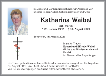 Traueranzeige von Katharina Waibel von Allgäuer Anzeigeblatt