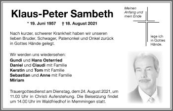 Traueranzeige von Klaus-Peter Sambeth von Memminger Zeitung