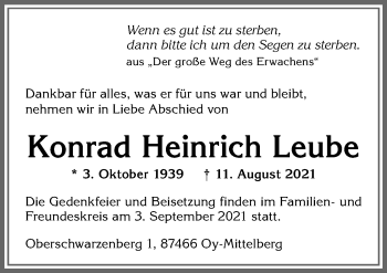 Traueranzeige von Konrad Heinrich Leube von Allgäuer Zeitung,Kempten