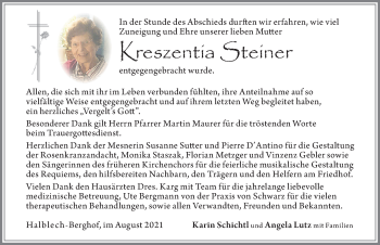 Traueranzeige von Kreszentia Steiner von Allgäuer Zeitung, Füssen