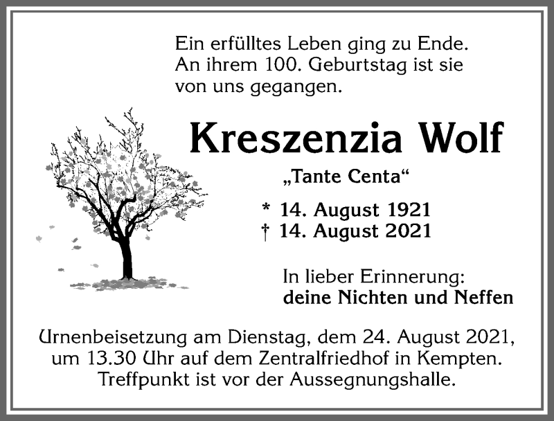  Traueranzeige für Kreszenzia Wolf vom 21.08.2021 aus Allgäuer Zeitung,Kempten