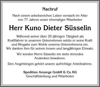 Traueranzeige von Kuno Dieter Süsselin von Allgäuer Zeitung, Marktoberdorf