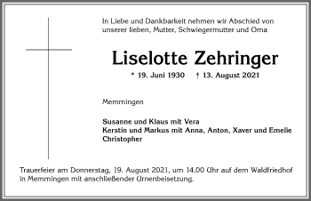 Traueranzeige von Liselotte Zehringer von Memminger Zeitung