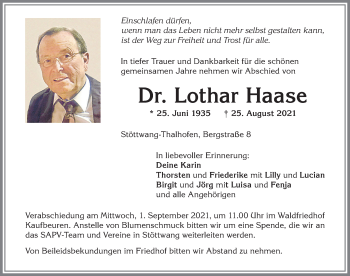 Traueranzeige von Lothar Haase von Allgäuer Zeitung, Kaufbeuren/Buchloe