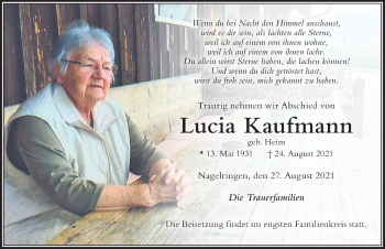 Traueranzeige von Lucia Kaufmann von Der Westallgäuer