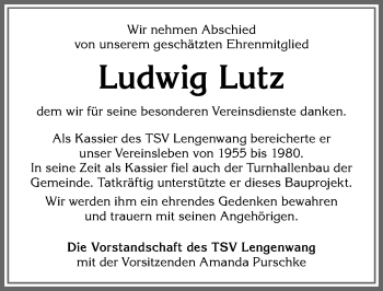 Traueranzeige von Ludwig Lutz von Allgäuer Zeitung, Marktoberdorf