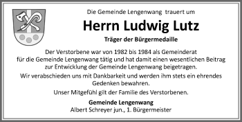 Traueranzeige von Ludwig Lutz von Allgäuer Zeitung, Marktoberdorf