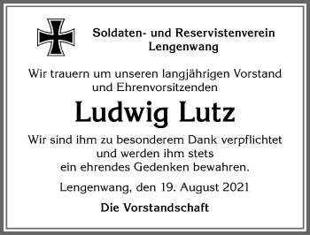 Traueranzeige von Ludwig Lutz von Allgäuer Zeitung, Marktoberdorf
