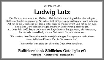 Traueranzeige von Ludwig Lutz von Allgäuer Zeitung, Marktoberdorf