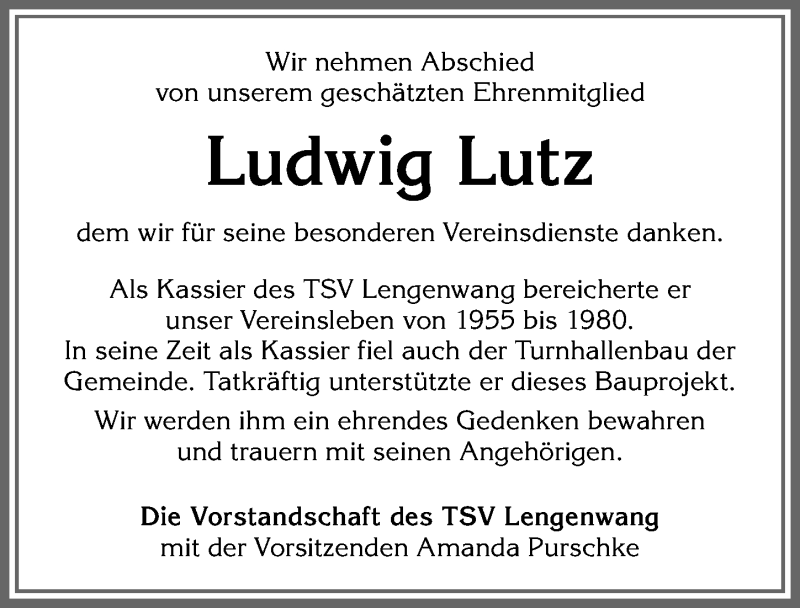  Traueranzeige für Ludwig Lutz vom 19.08.2021 aus Allgäuer Zeitung, Marktoberdorf