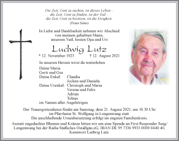 Traueranzeige von Ludwig Lutz von Allgäuer Zeitung, Marktoberdorf