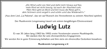 Traueranzeige von Ludwig Lutz von Allgäuer Zeitung, Marktoberdorf