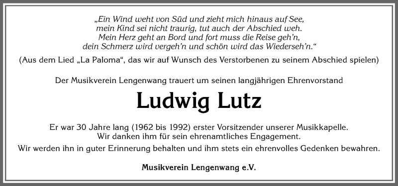  Traueranzeige für Ludwig Lutz vom 19.08.2021 aus Allgäuer Zeitung, Marktoberdorf