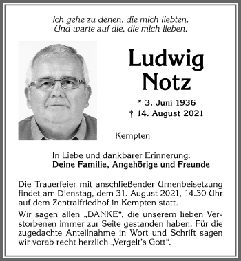Traueranzeige von Ludwig Notz von Allgäuer Zeitung,Kempten