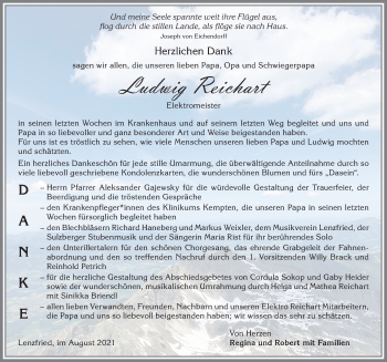 Traueranzeige von Ludwig Reichart von Allgäuer Zeitung,Kempten