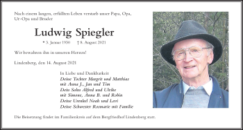Traueranzeige von Ludwig Spiegler von Der Westallgäuer