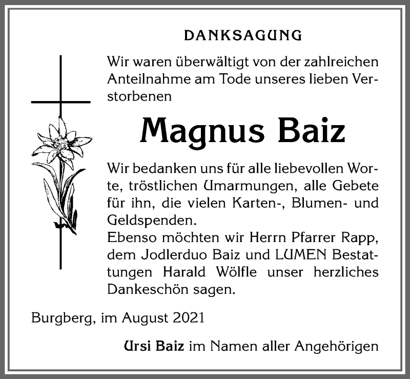  Traueranzeige für Magnus Baiz vom 14.08.2021 aus Allgäuer Anzeigeblatt