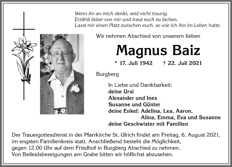  Traueranzeige für Magnus Baiz vom 04.08.2021 aus Allgäuer Anzeigeblatt