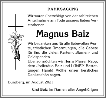 Traueranzeige von Magnus Baiz von Allgäuer Anzeigeblatt