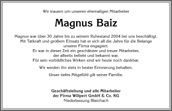 Traueranzeige von Magnus Baiz von Allgäuer Anzeigeblatt