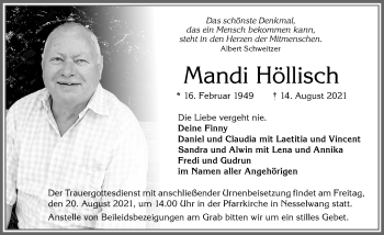 Traueranzeige von Mandi Höllisch von Allgäuer Zeitung, Füssen