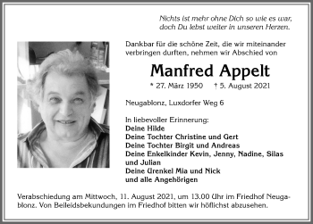 Traueranzeige von Manfred Appelt von Allgäuer Zeitung, Kaufbeuren/Buchloe