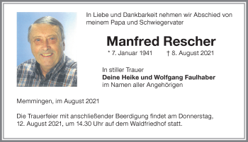 Traueranzeige von Manfred Rescher von Memminger Zeitung