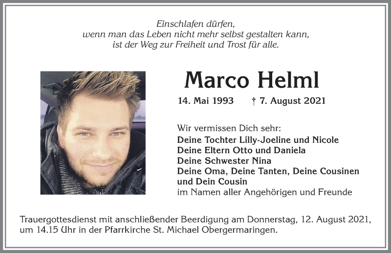  Traueranzeige für Marco Helml vom 10.08.2021 aus Allgäuer Zeitung, Kaufbeuren/Buchloe
