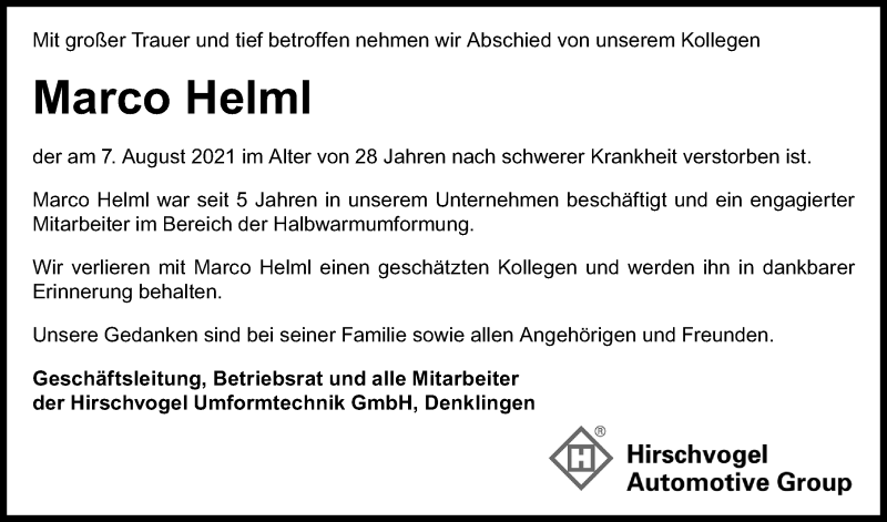  Traueranzeige für Marco Helml vom 25.08.2021 aus Allgäuer Zeitung, Kaufbeuren/Buchloe