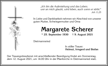 Traueranzeige von Margarete Scherer von Allgäuer Zeitung,Kempten