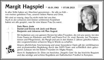 Traueranzeige von Margit Hagspiel von Allgäuer Zeitung,Kempten