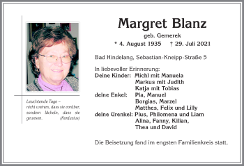 Traueranzeige von Margret Blanz von Allgäuer Anzeigeblatt