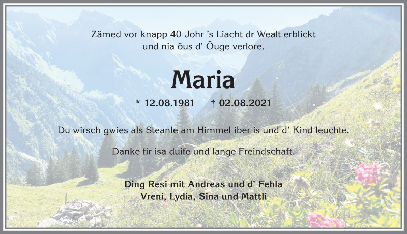  Traueranzeige für Maria Rohrmeier vom 05.08.2021 aus Allgäuer Anzeigeblatt