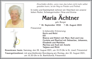 Traueranzeige von Maria Ächtner von Allgäuer Zeitung, Kaufbeuren/Buchloe
