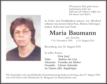 Traueranzeige von Maria Baumann von Der Westallgäuer