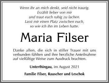Traueranzeige von Maria Filser von Allgäuer Zeitung, Marktoberdorf