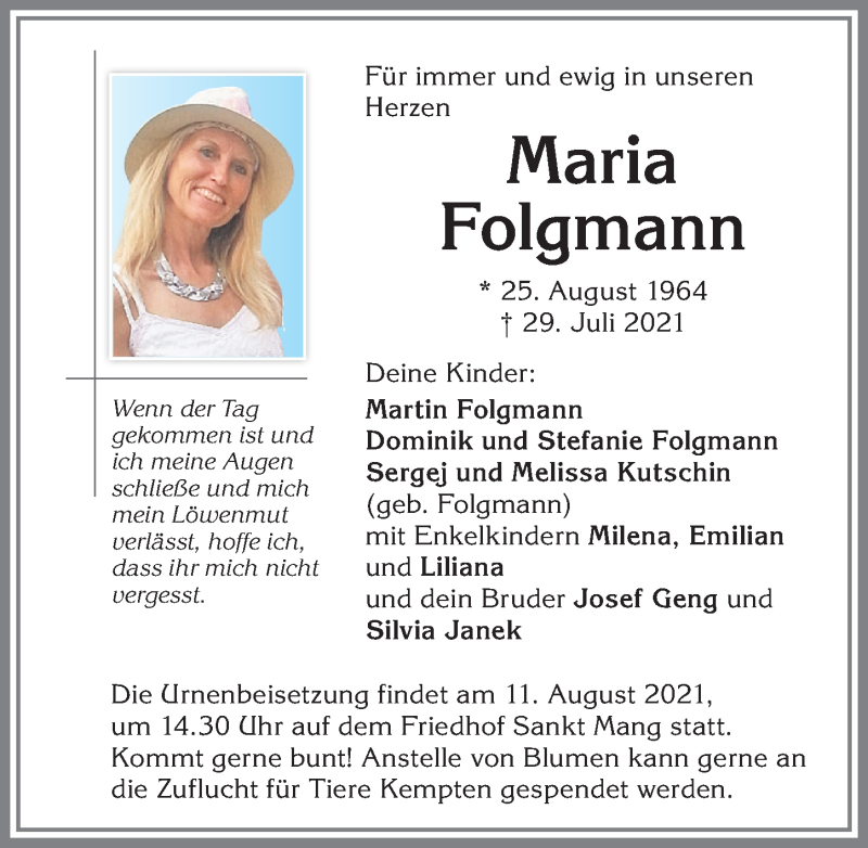  Traueranzeige für Maria Folgmann vom 07.08.2021 aus Allgäuer Zeitung,Kempten