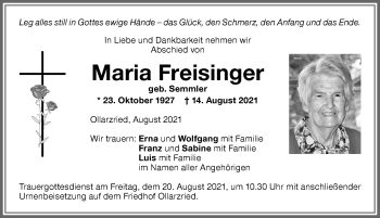 Traueranzeige von Maria Freisinger von Memminger Zeitung