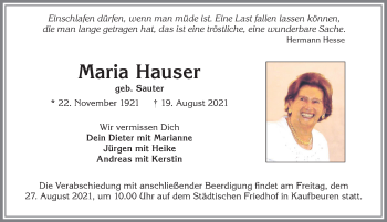 Traueranzeige von Maria Hauser von Allgäuer Zeitung, Kaufbeuren/Buchloe