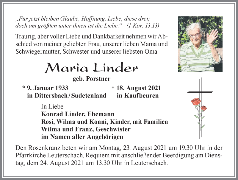  Traueranzeige für Maria Linder vom 21.08.2021 aus Allgäuer Zeitung, Marktoberdorf