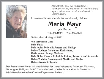 Traueranzeige von Maria Mayr von Allgäuer Anzeigeblatt