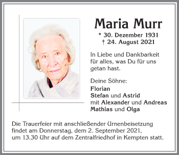 Traueranzeige von Maria Murr von Allgäuer Zeitung,Kempten