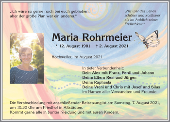 Traueranzeige von Maria Rohrmeier von Allgäuer Anzeigeblatt