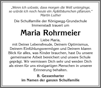 Traueranzeige von Maria Rohrmeier von Allgäuer Anzeigeblatt