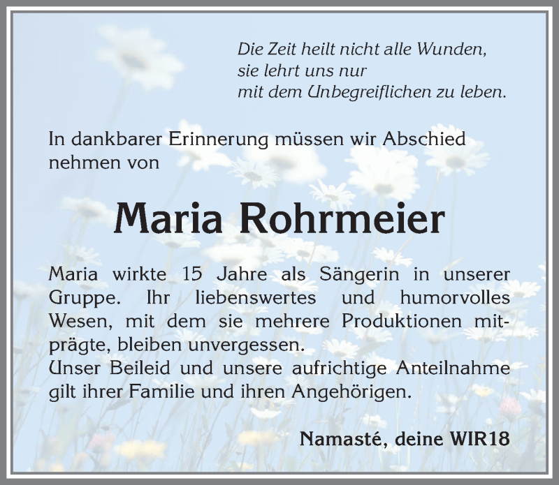  Traueranzeige für Maria Rohrmeier vom 05.08.2021 aus Allgäuer Anzeigeblatt