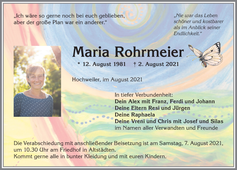  Traueranzeige für Maria Rohrmeier vom 05.08.2021 aus Allgäuer Anzeigeblatt