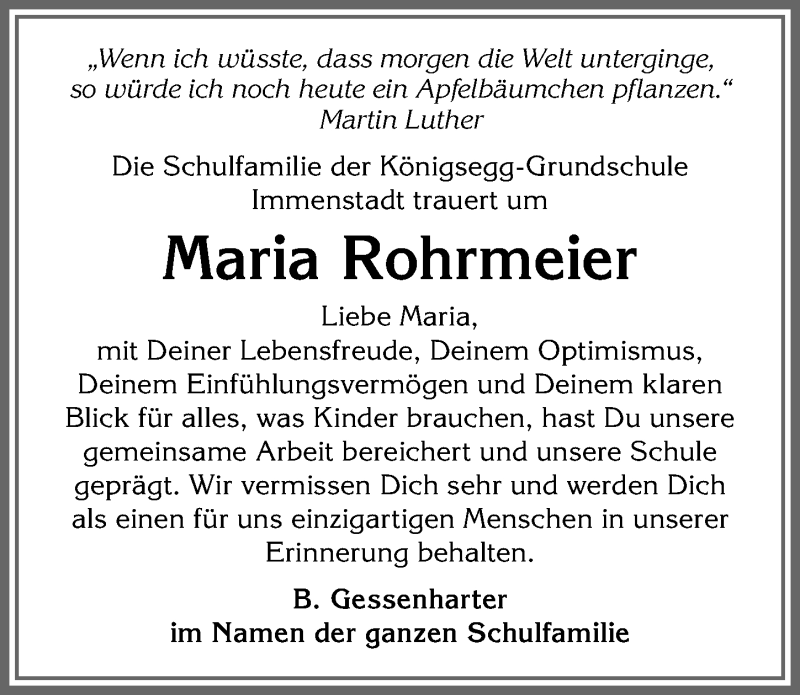  Traueranzeige für Maria Rohrmeier vom 06.08.2021 aus Allgäuer Anzeigeblatt