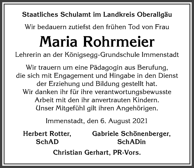  Traueranzeige für Maria Rohrmeier vom 06.08.2021 aus Allgäuer Anzeigeblatt