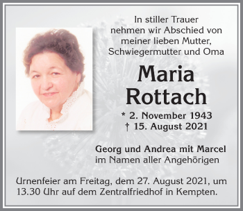 Traueranzeige von Maria Rottach von Allgäuer Zeitung,Kempten